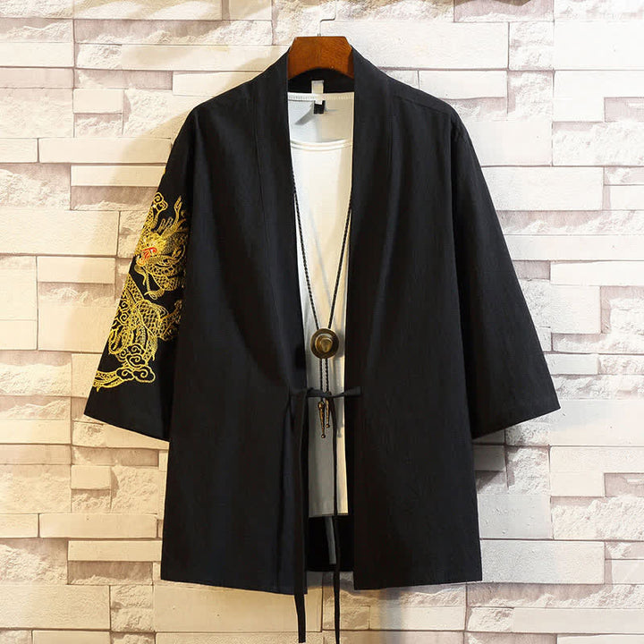 Buddha Stones Kimono de manga hasta el codo para hombre, estilo casual vintage, con bordado de grulla, ideal para primavera y verano. - Dragón Negro - US/UK/AU46, EU56 (5XL) - image 15