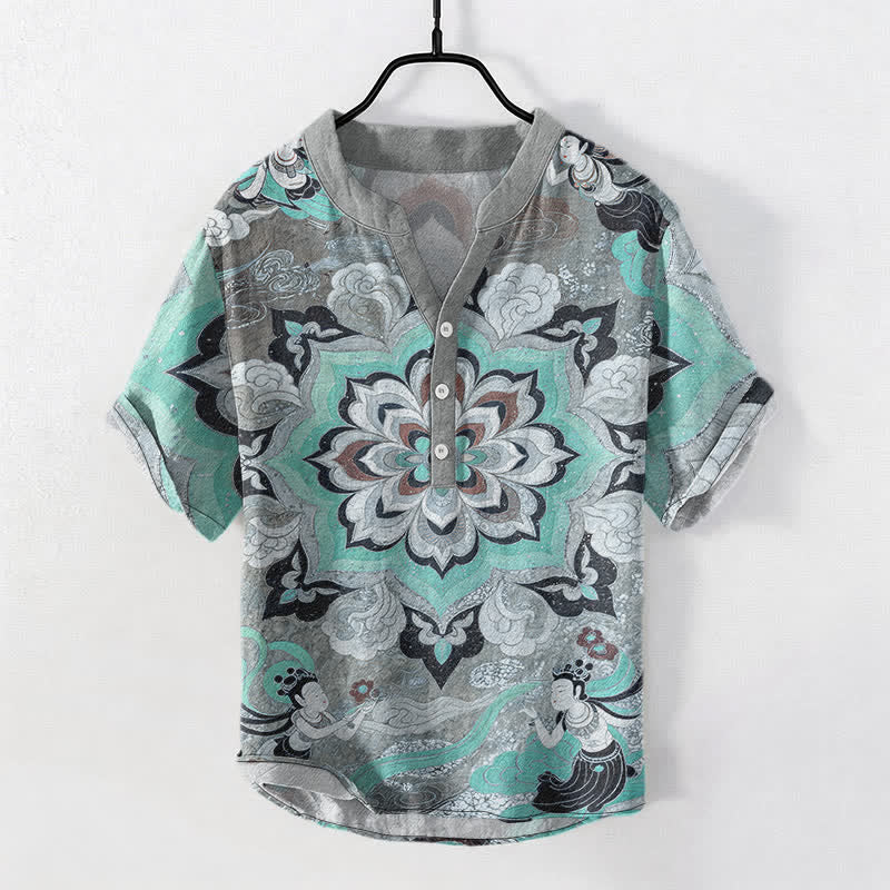 Buddha Stones Camisa de manga corta con medio botón y estampado de mandala de algodón para hombre - Turquesa - US/UK/AU50, EU60 (5XL) - image 5