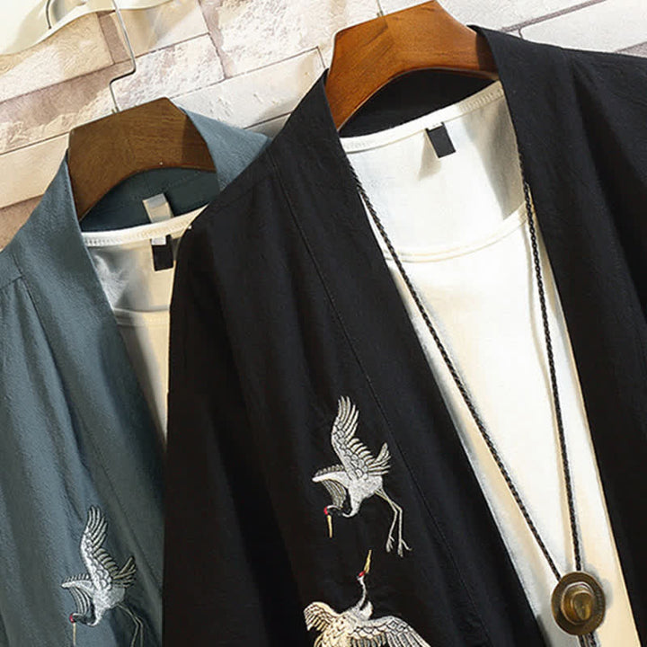Buddha Stones Kimono de manga hasta el codo para hombre, estilo casual vintage, con bordado de grulla, ideal para primavera y verano. - image 36