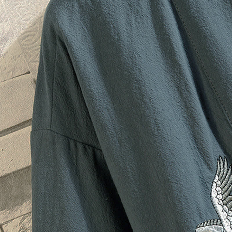 Buddha Stones Kimono de manga hasta el codo para hombre, estilo casual vintage, con bordado de grulla, ideal para primavera y verano. - image 4