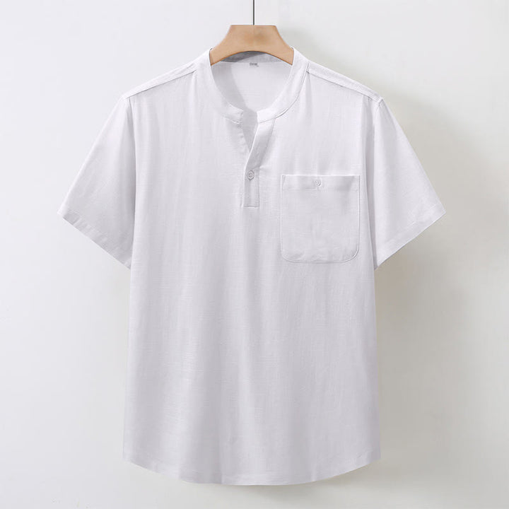 Buddha Stones Camisas de manga corta para hombre de algodón y lino, estilo Tang, informales de verano, con cuello mandarín y bolsillo. - Blanco - US/UK/AU46, EU56 (5XL) - image 10