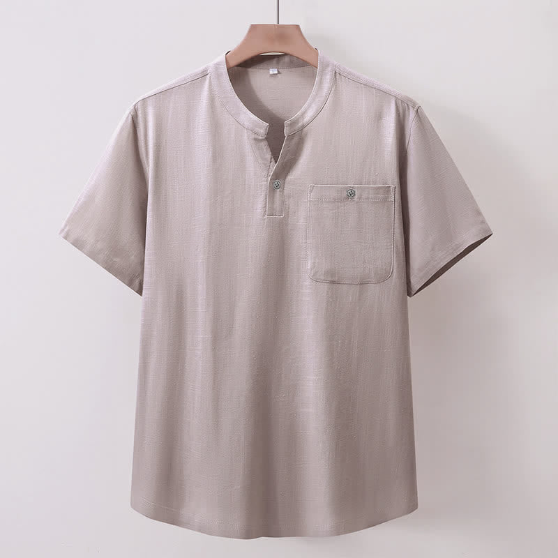 Buddha Stones Camisas de manga corta para hombre de algodón y lino, estilo Tang, informales de verano, con cuello mandarín y bolsillo. - Gris claro - US/UK/AU46, EU56 (5XL) - image 1