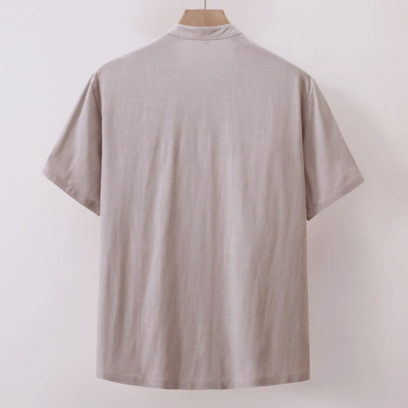 Buddha Stones Camisas de manga corta para hombre de algodón y lino, estilo Tang, informales de verano, con cuello mandarín y bolsillo. - image 2
