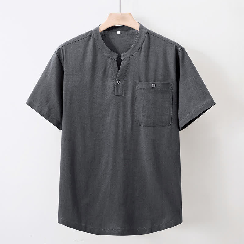 Buddha Stones Camisas de manga corta para hombre de algodón y lino, estilo Tang, informales de verano, con cuello mandarín y bolsillo. - Gris oscuro - US/UK/AU46, EU56 (5XL) - image 0