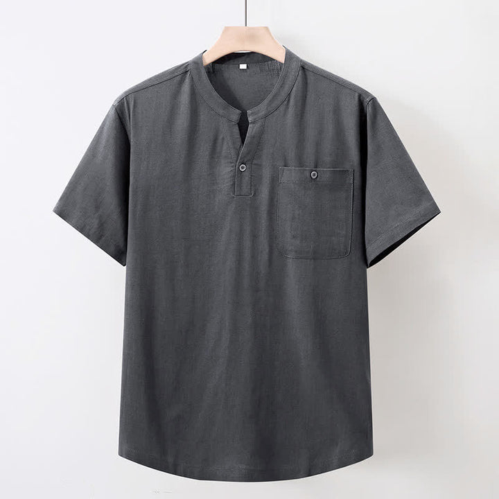 Buddha Stones Camisas de manga corta para hombre de algodón y lino, estilo Tang, informales de verano, con cuello mandarín y bolsillo. - Gris oscuro - US/UK/AU46, EU56 (5XL) - image 0