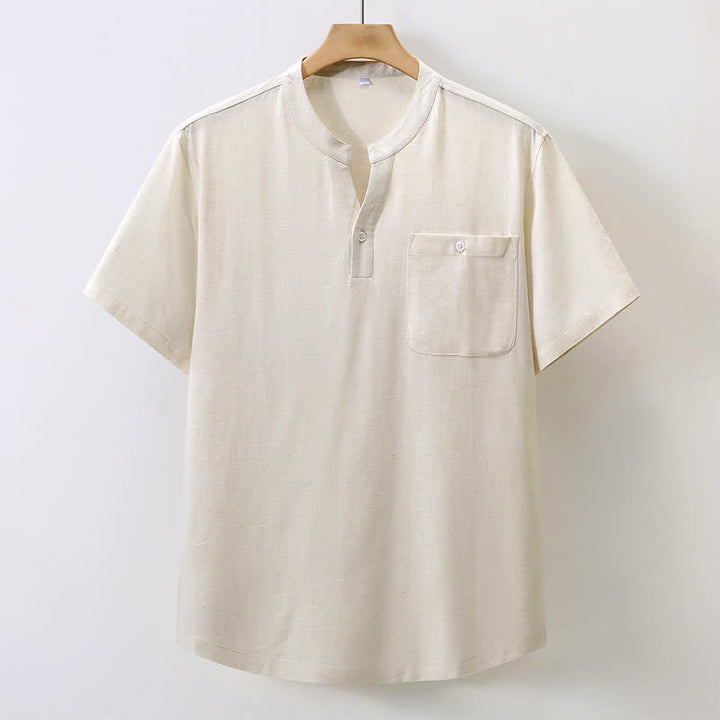 Buddha Stones Camisas de manga corta para hombre de algodón y lino, estilo Tang, informales de verano, con cuello mandarín y bolsillo. - Beige - US/UK/AU46, EU56 (5XL) - image 9
