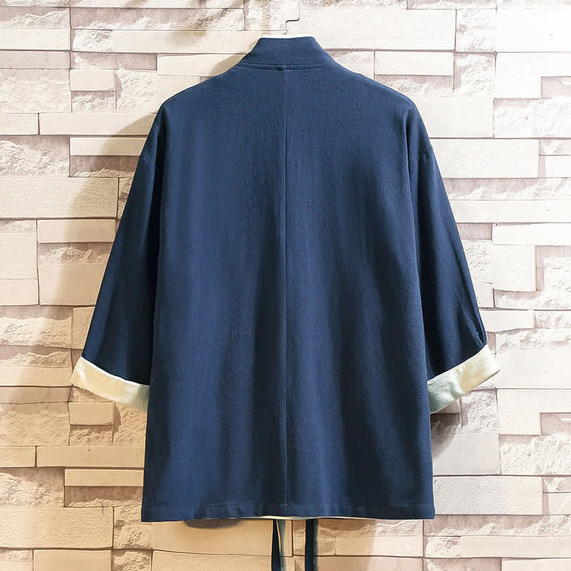 Buddha Stones Kimono de hombre informal minimalista de manga tres cuartos, color liso, con bolsillos, para primavera/verano. - image 1