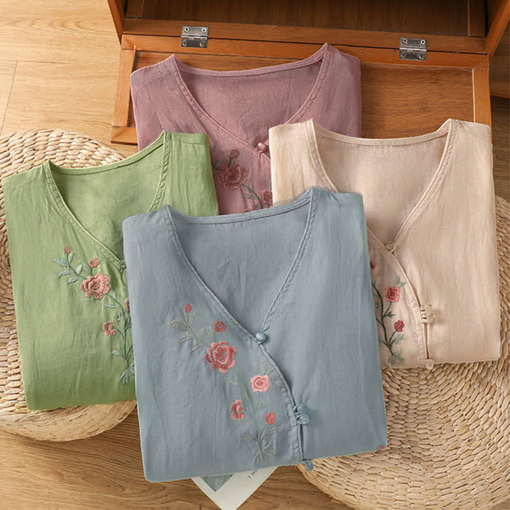 Buddha Stones Camisas de manga tres cuartos para mujer estilo Summer Tang Vintage con bordado floral. - image 20