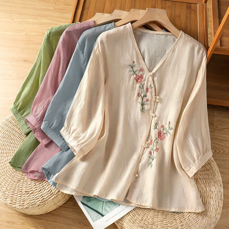 Buddha Stones Camisas de manga tres cuartos para mujer estilo Summer Tang Vintage con bordado floral. - image 19