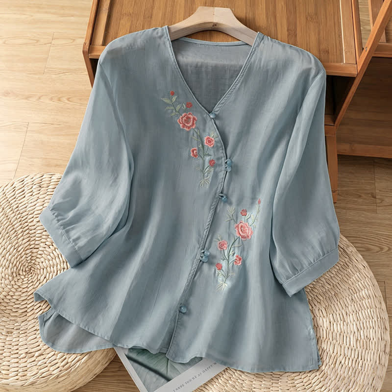 Buddha Stones Camisas de manga tres cuartos para mujer estilo Summer Tang Vintage con bordado floral. - Azul claro - US8-10, UK/AU12-14, EU40-42 (2XL) - image 0