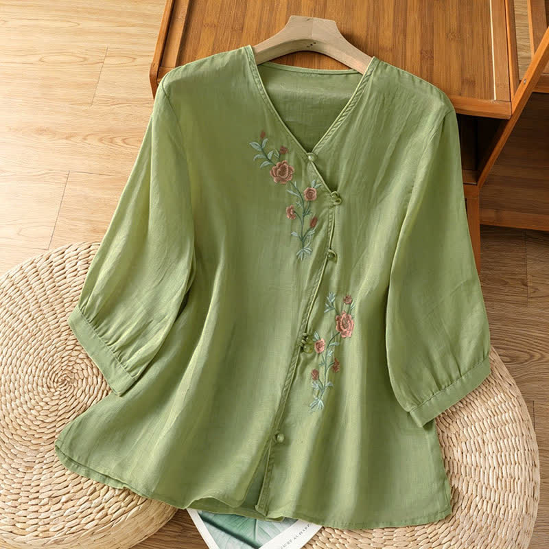 Buddha Stones Camisas de manga tres cuartos para mujer estilo Summer Tang Vintage con bordado floral. - Verde mar oscuro - US8-10, UK/AU12-14, EU40-42 (2XL) - image 3