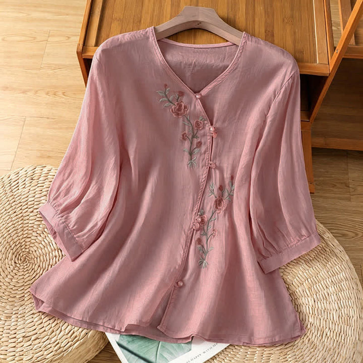 Buddha Stones Camisas de manga tres cuartos para mujer estilo Summer Tang Vintage con bordado floral. - rosa claro - US8-10, UK/AU12-14, EU40-42 (2XL) - image 8
