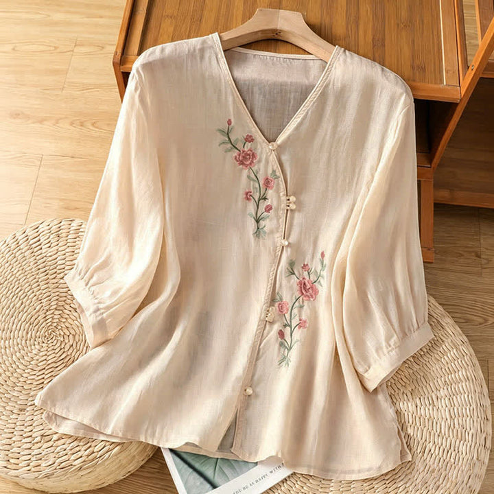 Buddha Stones Camisas de manga tres cuartos para mujer estilo Summer Tang Vintage con bordado floral. - Beige - US8-10, UK/AU12-14, EU40-42 (2XL) - image 12