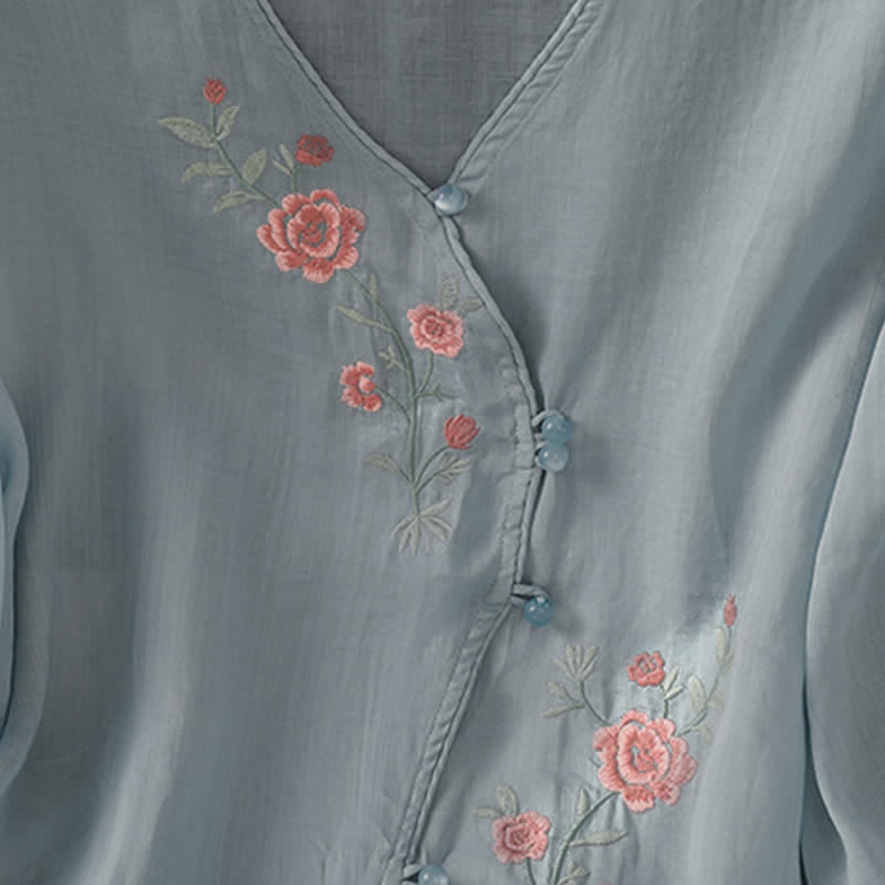 Buddha Stones Camisas de manga tres cuartos para mujer estilo Summer Tang Vintage con bordado floral. - image 2