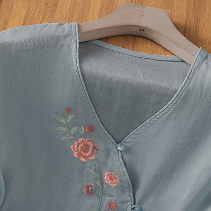 Buddha Stones Camisas de manga tres cuartos para mujer estilo Summer Tang Vintage con bordado floral. - image 1