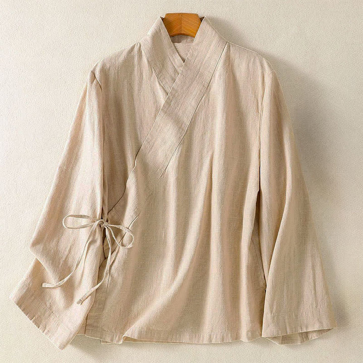 Buddha Stones Camisas de manga larga para mujer, estilo casual Tang, con cuello en V y cordón ajustable, ideales para primavera y verano. - Blanco antiguo - US12, UK/AU16, EU44 (3XL) - image 14