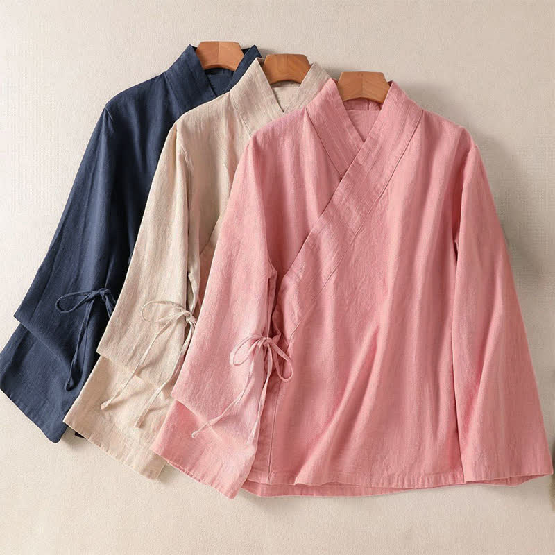 Buddha Stones Camisas de manga larga para mujer, estilo casual Tang, con cuello en V y cordón ajustable, ideales para primavera y verano. - image 20