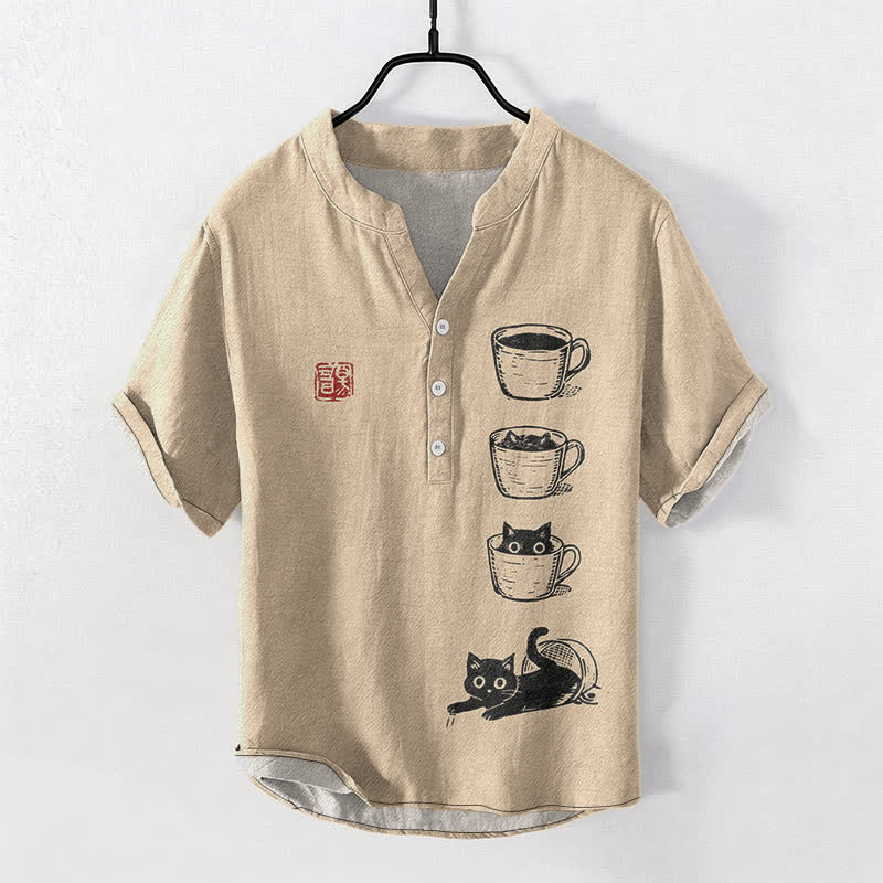 Buddha Stones Camisa de manga corta con medio botón y estampado de gatos y tazas apiladas para hombre, de algodón. - Broncearse - US/UK/AU50, EU60 (5XL) - image 5