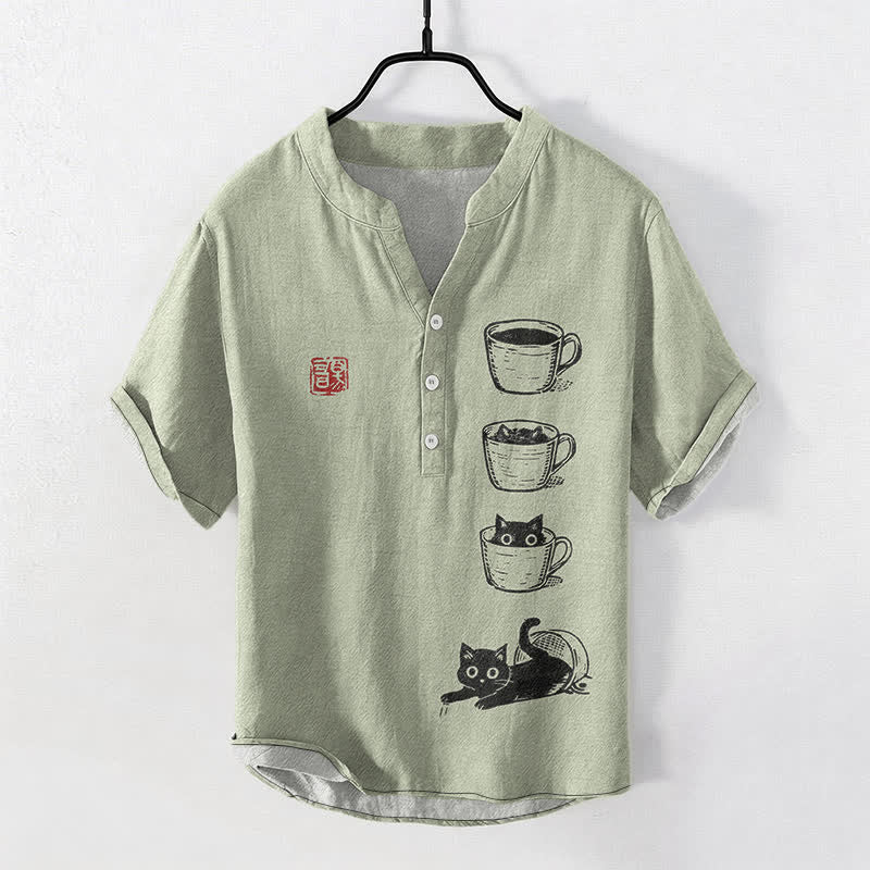 Buddha Stones Camisa de manga corta con medio botón y estampado de gatos y tazas apiladas para hombre, de algodón. - Verde mar oscuro - US/UK/AU50, EU60 (5XL) - image 7