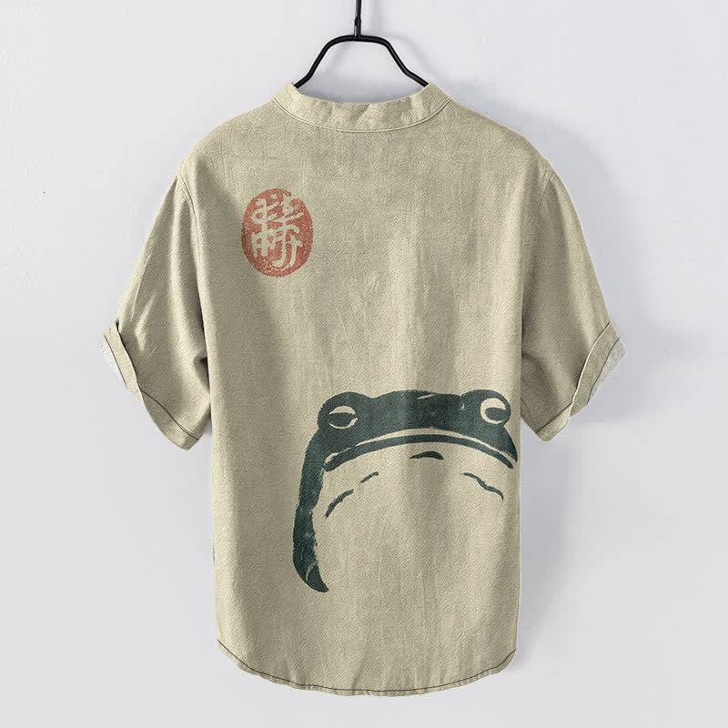Buddha Stones Camisa de manga corta con medio botón y estampado de foca vintage de algodón para hombre - image 1