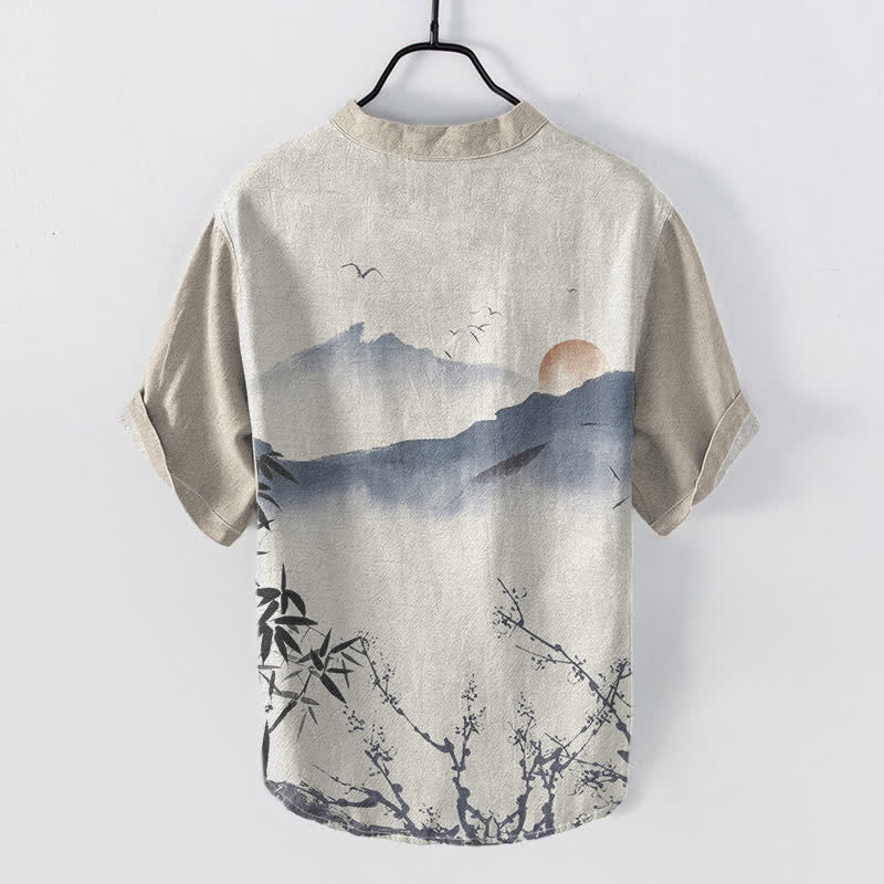 Buddha Stones Camisa de manga corta con medio botón para hombre, modelo Cotton Ink Mountain Sun. - image 1