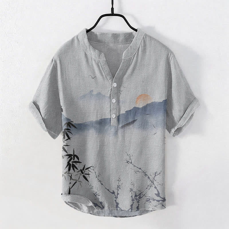 Buddha Stones Camisa de manga corta con medio botón para hombre, modelo Cotton Ink Mountain Sun. - Gris claro - US/UK/AU50, EU60 (5XL) - image 5