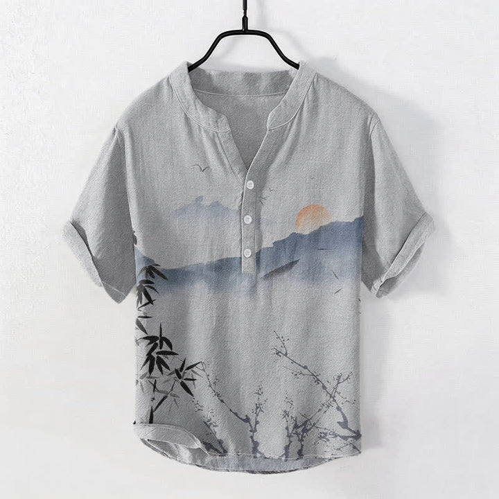 Buddha Stones Camisa de manga corta con medio botón para hombre, modelo Cotton Ink Mountain Sun. - Gris claro - US/UK/AU50, EU60 (5XL) - image 5