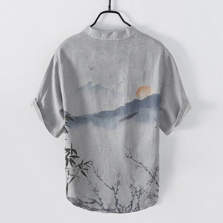 Buddha Stones Camisa de manga corta con medio botón para hombre, modelo Cotton Ink Mountain Sun. - image 6