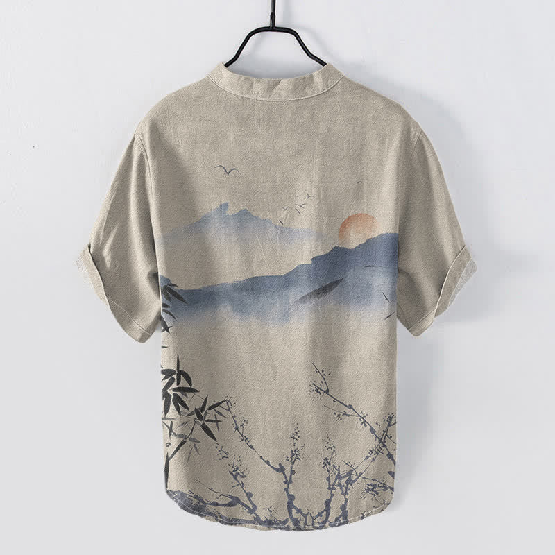 Buddha Stones Camisa de manga corta con medio botón para hombre, modelo Cotton Ink Mountain Sun. - image 4