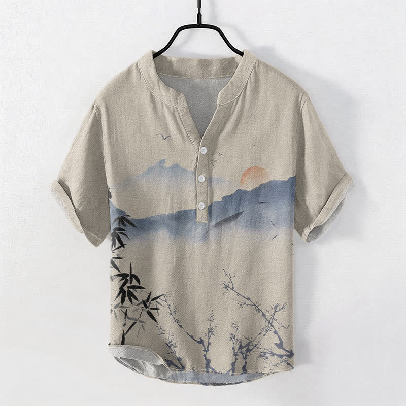 Buddha Stones Camisa de manga corta con medio botón para hombre, modelo Cotton Ink Mountain Sun. - Broncearse - US/UK/AU50, EU60 (5XL) - image 3