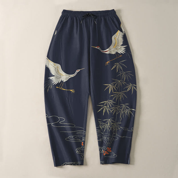 Buddha Stones Pantalones de hombre de algodón puro con estampado de grullas, bambú y olas, con cordón ajustable y corte ajustado, y bolsillos. - image 9
