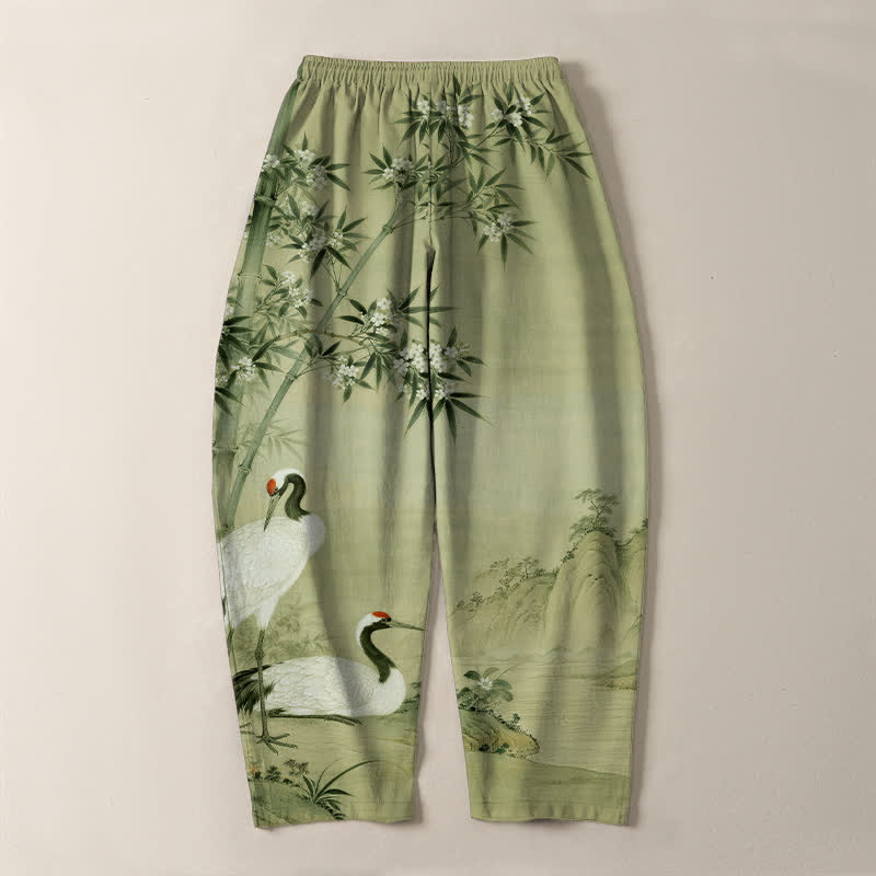 Buddha Stones Pantalones de hombre de algodón puro con estampado de paisaje de grullas y bambú, cordón ajustable y corte cónico con bolsillos. - image 14
