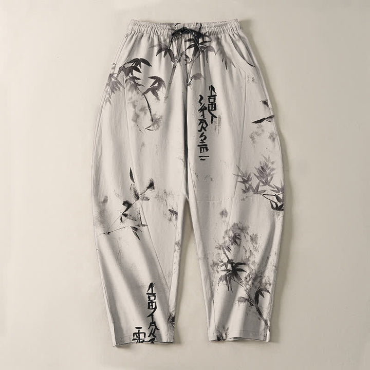 Buddha Stones Pantalones de hombre de algodón puro con estampado de caligrafía en bambú, cordón ajustable y bolsillos. - image 2