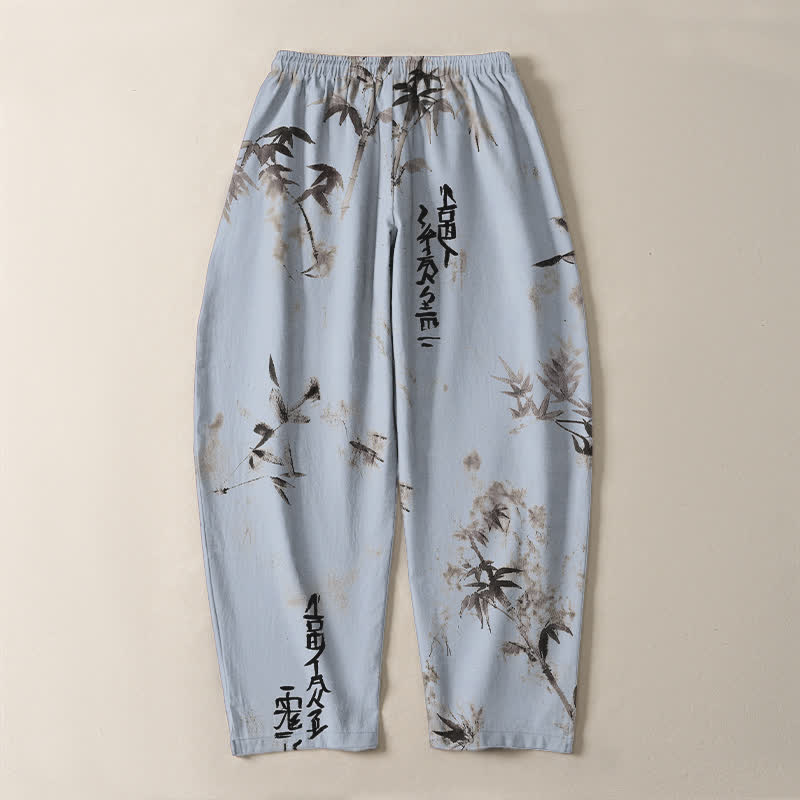 Buddha Stones Pantalones de hombre de algodón puro con estampado de caligrafía en bambú, cordón ajustable y bolsillos. - image 10