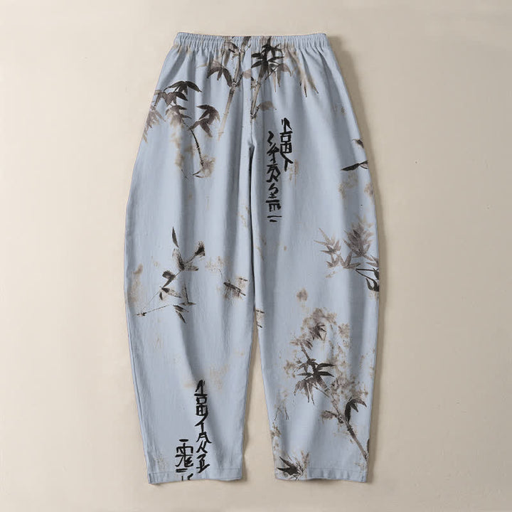 Buddha Stones Pantalones de hombre de algodón puro con estampado de caligrafía en bambú, cordón ajustable y bolsillos. - image 10