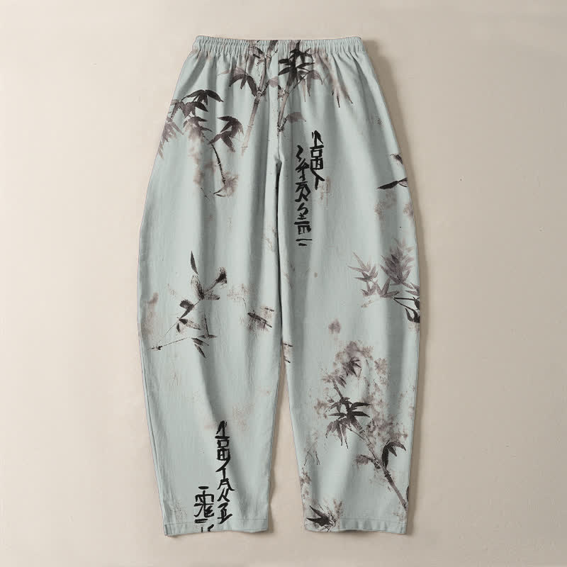 Buddha Stones Pantalones de hombre de algodón puro con estampado de caligrafía en bambú, cordón ajustable y bolsillos. - image 14
