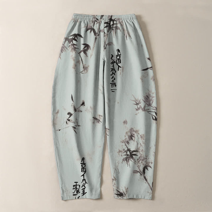 Buddha Stones Pantalones de hombre de algodón puro con estampado de caligrafía en bambú, cordón ajustable y bolsillos. - image 14