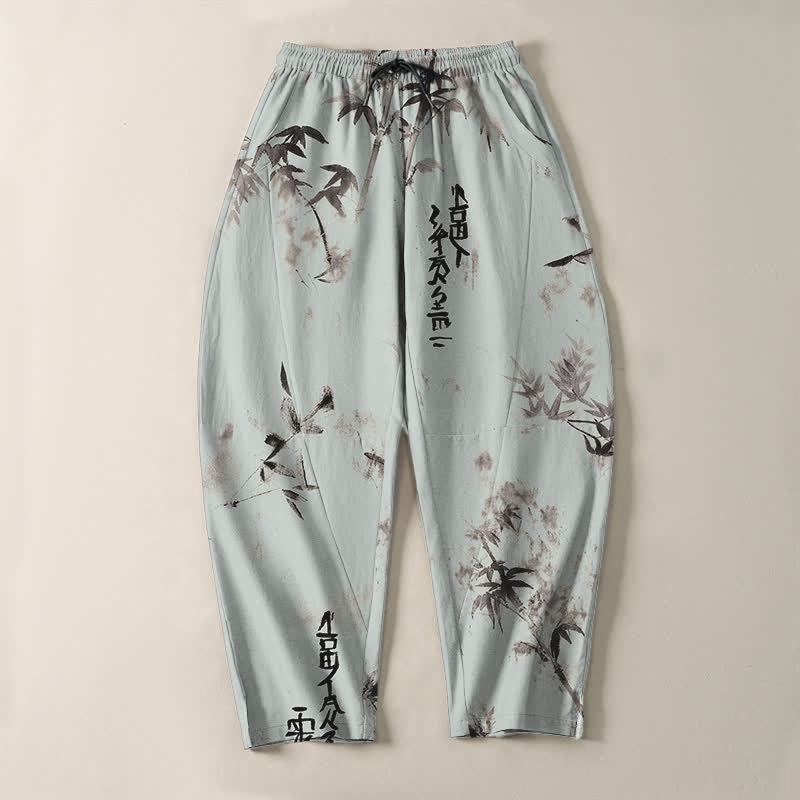 Buddha Stones Pantalones de hombre de algodón puro con estampado de caligrafía en bambú, cordón ajustable y bolsillos. - image 13
