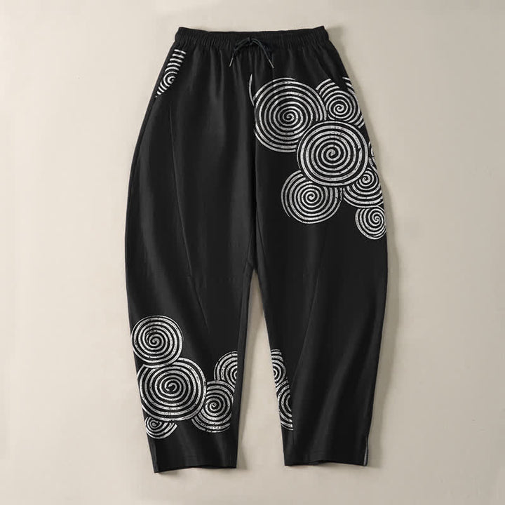 Buddha Stones Pantalones de hombre de algodón puro con estampado espiral concéntrico, cordón ajustable y bolsillos. - image 2