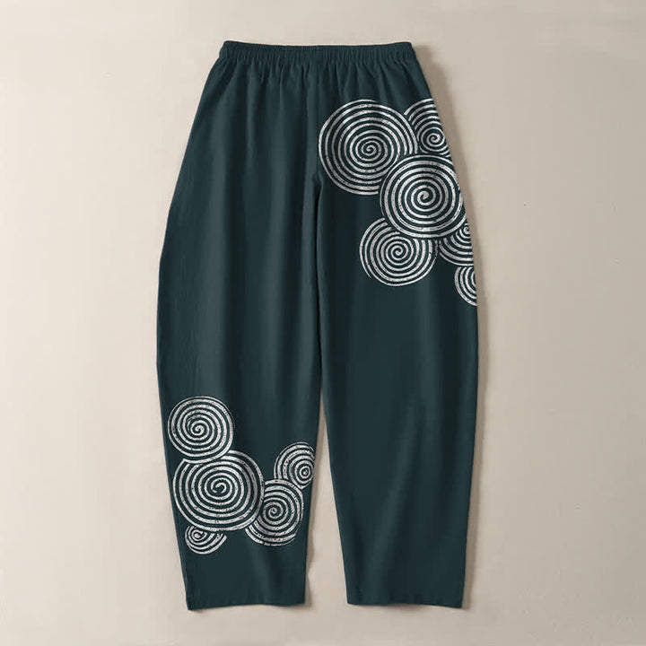 Buddha Stones Pantalones de hombre de algodón puro con estampado espiral concéntrico, cordón ajustable y bolsillos. - image 14