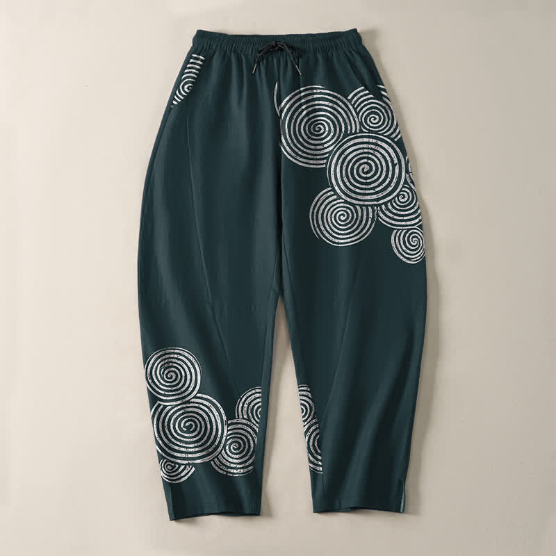 Buddha Stones Pantalones de hombre de algodón puro con estampado espiral concéntrico, cordón ajustable y bolsillos. - image 13