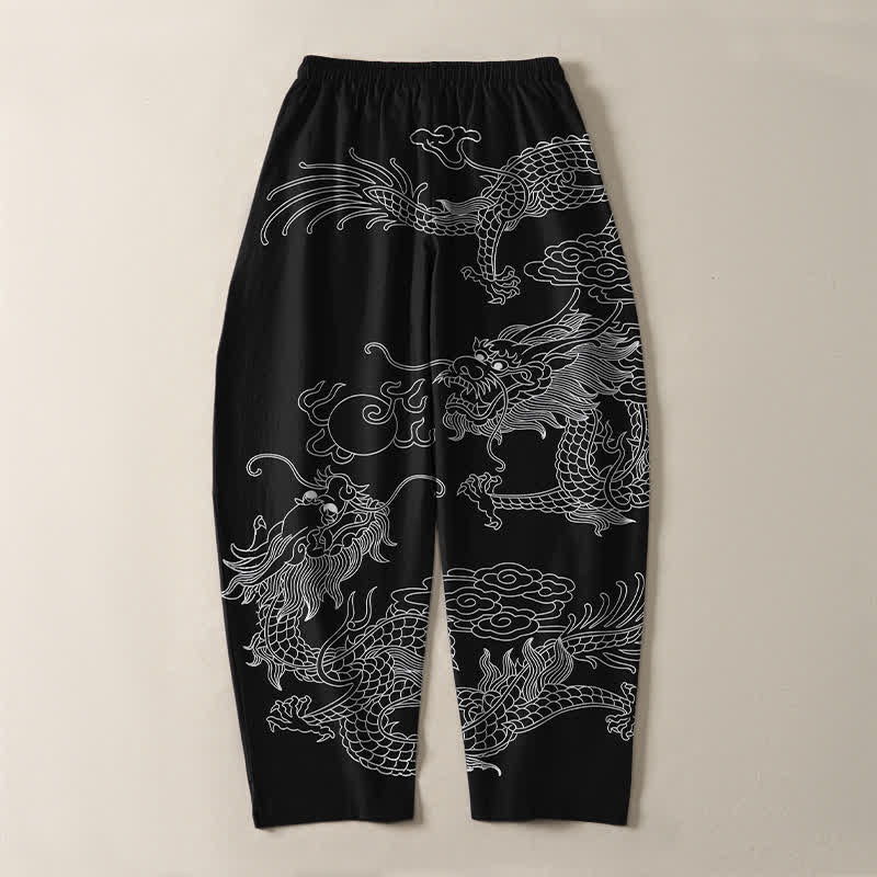 Buddha Stones Pantalones de hombre de algodón puro con estampado de dragón imperial, cordón ajustable y corte cónico, con bolsillos. - image 3