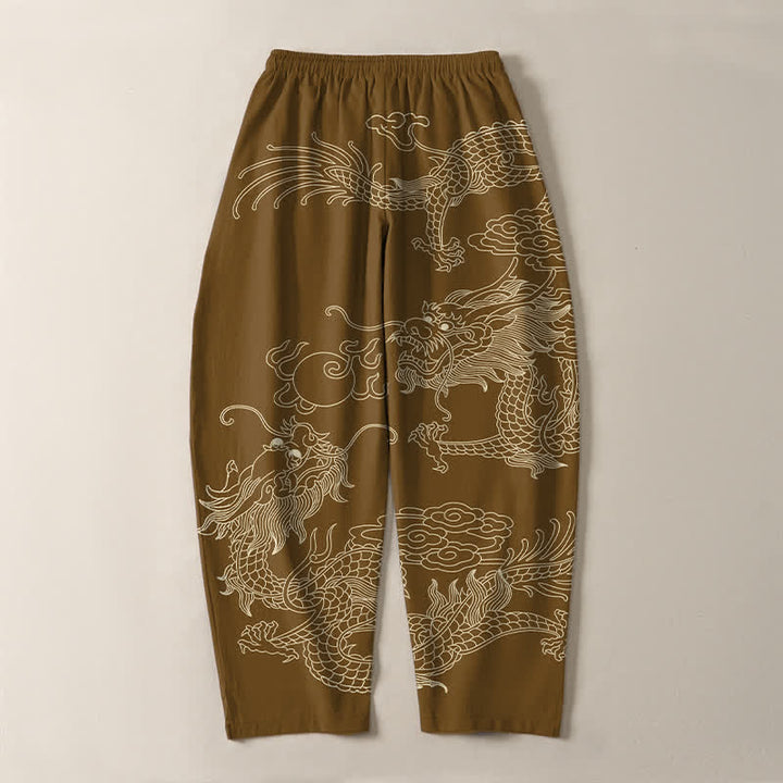 Buddha Stones Pantalones de hombre de algodón puro con estampado de dragón imperial, cordón ajustable y corte cónico, con bolsillos. - image 14