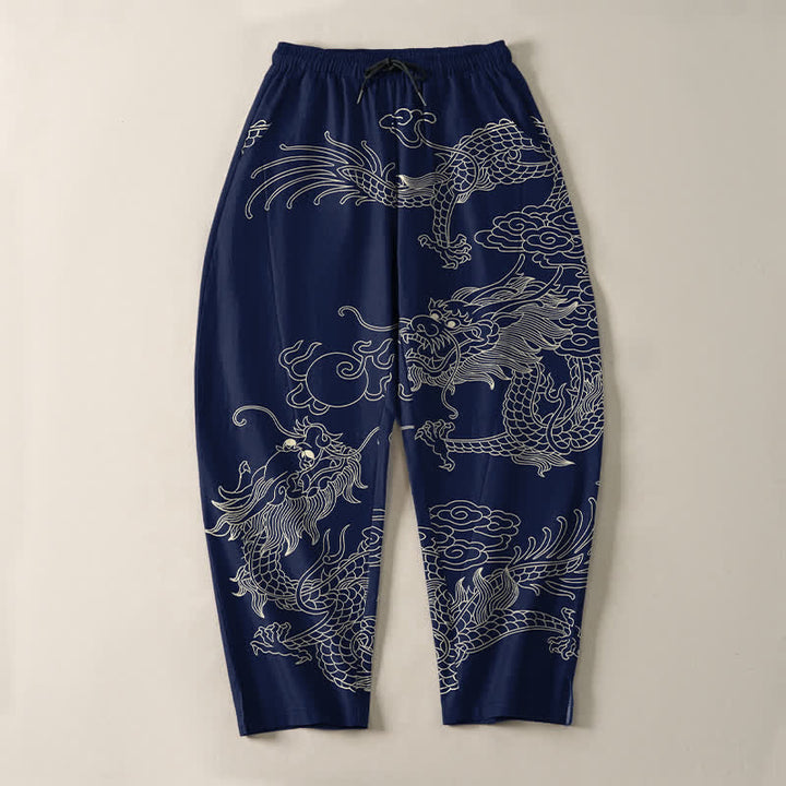 Buddha Stones Pantalones de hombre de algodón puro con estampado de dragón imperial, cordón ajustable y corte cónico, con bolsillos. - image 9