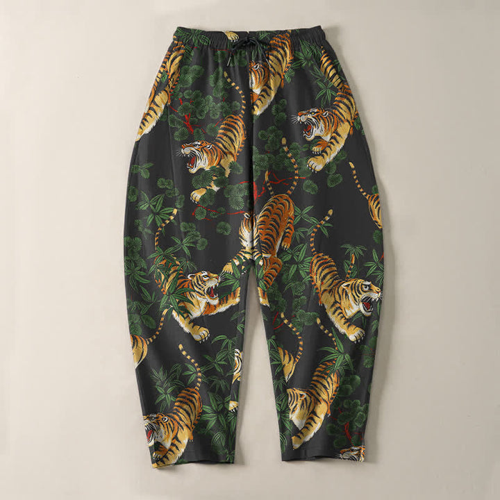 Buddha Stones Pantalones de hombre de algodón puro con estampado de hojas de bambú y tigre, con cordón ajustable y corte ajustado, bolsillos. - image 2