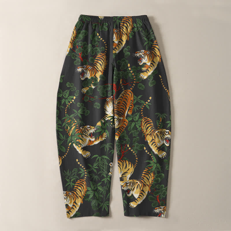 Buddha Stones Pantalones de hombre de algodón puro con estampado de hojas de bambú y tigre, con cordón ajustable y corte ajustado, bolsillos. - image 3