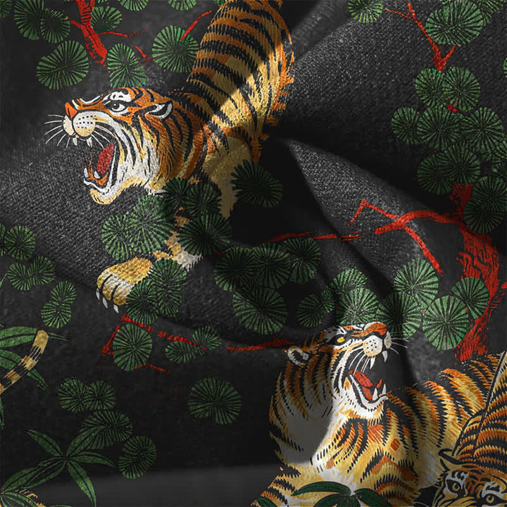 Buddha Stones Pantalones de hombre de algodón puro con estampado de hojas de bambú y tigre, con cordón ajustable y corte ajustado, bolsillos. - image 6