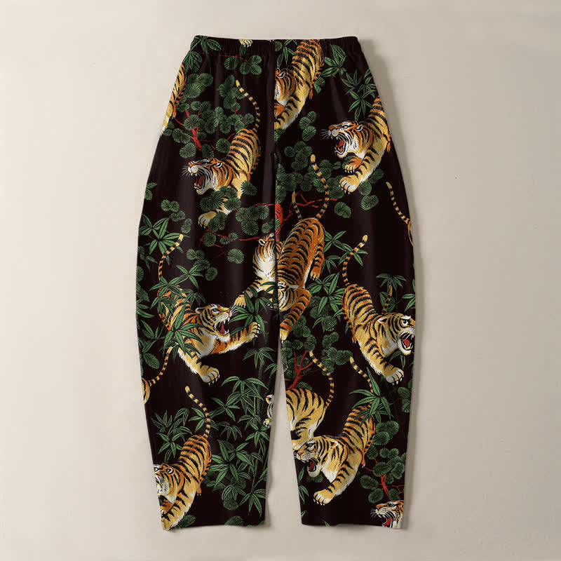 Buddha Stones Pantalones de hombre de algodón puro con estampado de hojas de bambú y tigre, con cordón ajustable y corte ajustado, bolsillos. - image 10