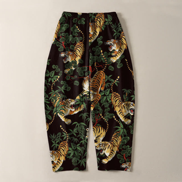 Buddha Stones Pantalones de hombre de algodón puro con estampado de hojas de bambú y tigre, con cordón ajustable y corte ajustado, bolsillos. - image 10