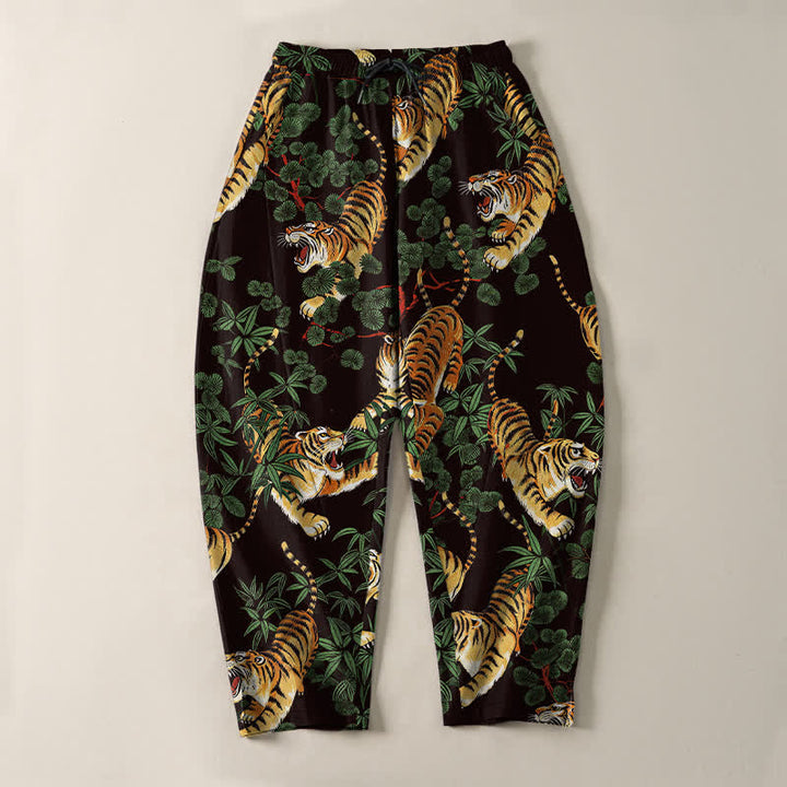 Buddha Stones Pantalones de hombre de algodón puro con estampado de hojas de bambú y tigre, con cordón ajustable y corte ajustado, bolsillos. - image 9